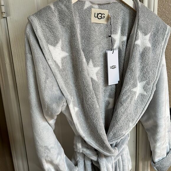 Ugg Grey/White Stars Cozy Fleece Miranda Cozy Fleece Hoodie Belted Wrap Robe NWT - Picture 12 of 17